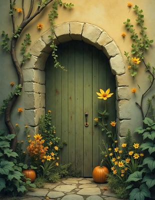 The primary subject of the image is a green door with a yellow flower on it, located in a garden setting. The door is open, and it appears to be a painting or digital artwork. The colors in the image are predominantly green and yellow, creating a warm and inviting atmosphere.